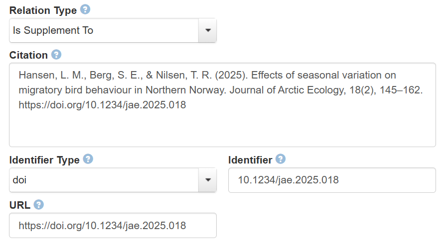 Screenshot of the Related Publication metadata field in the Dataverse dataset form.